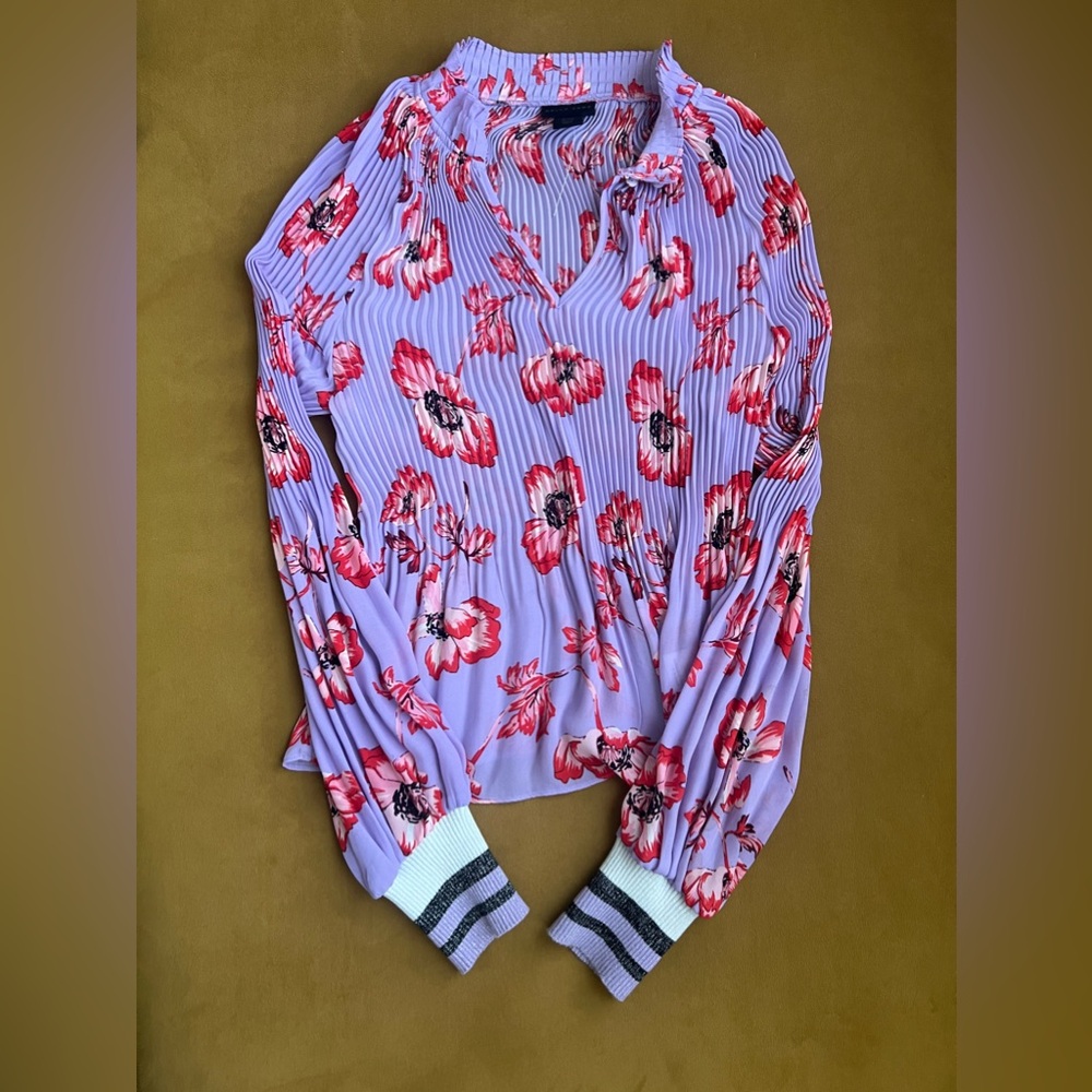 Belle Vere | Purple and Orange Floral Pleated Blouse - Picture 3 of 7